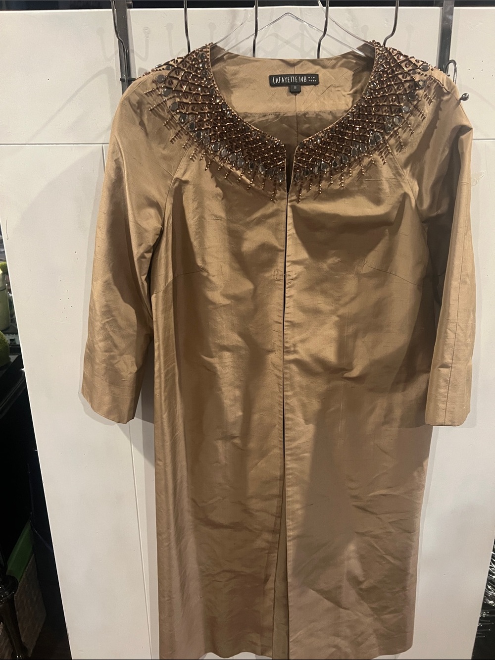 Lafayette 148 New York Tan Beaded-Neck Long Sleeve Dress